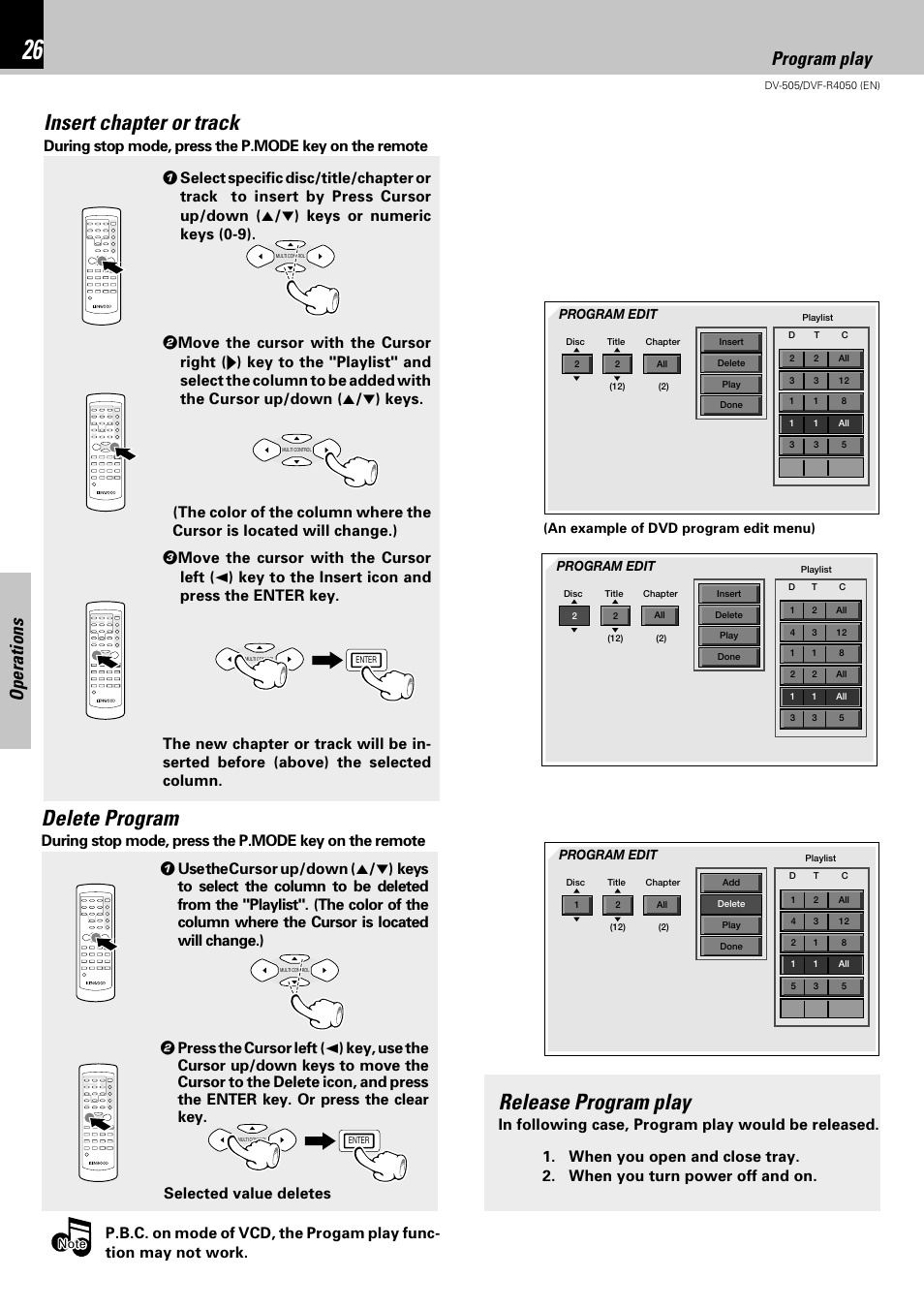 Insert chapter or track, Delete program, Release program play | Operations, Program play | Kenwood DVF-R4050 User Manual | Page 26 / 44