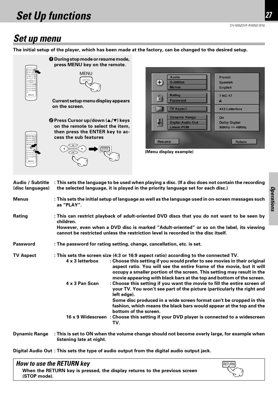 Set up functions, Set up menu, How to use the return key | Kenwood DVF-R4050 User Manual | Page 27 / 44