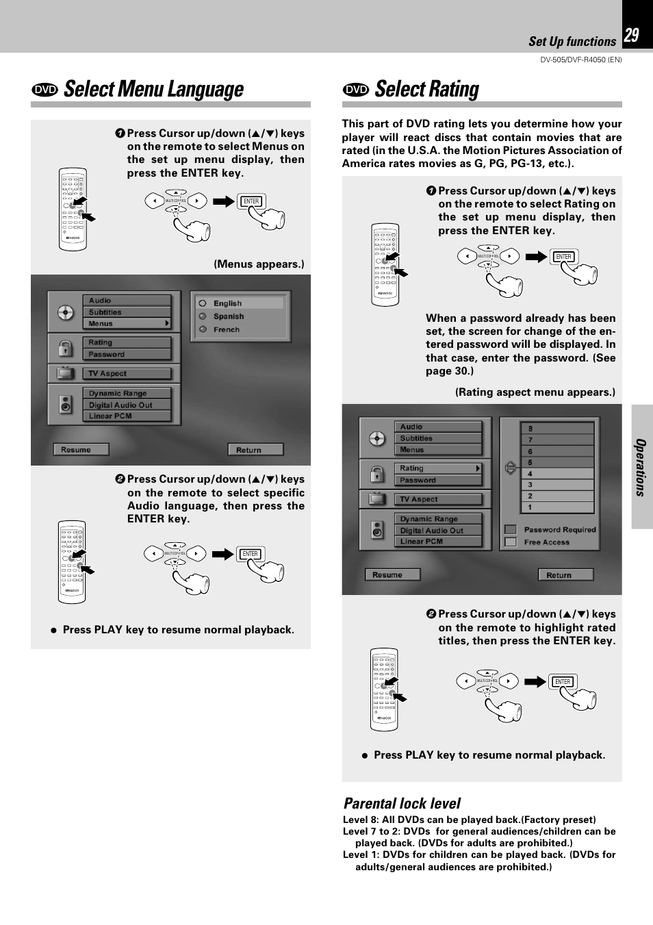 Select menu language, Select rating, Parental lock level | Operations, Set up functions | Kenwood DVF-R4050 User Manual | Page 29 / 44