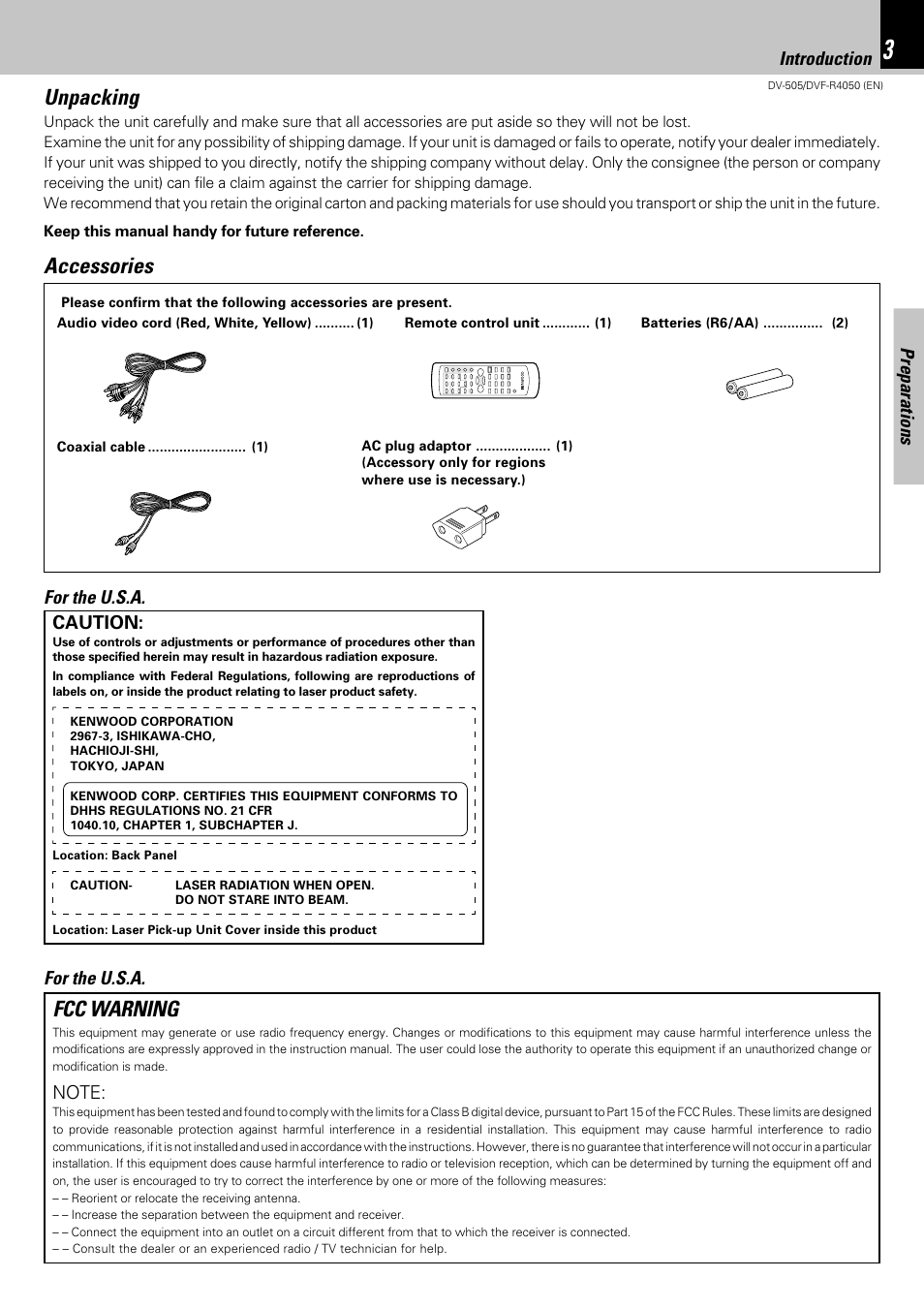 Unpacking, Accessories, Fcc warning | Preparations, Introduction, Caution, For the u.s.a | Kenwood DVF-R4050 User Manual | Page 3 / 44