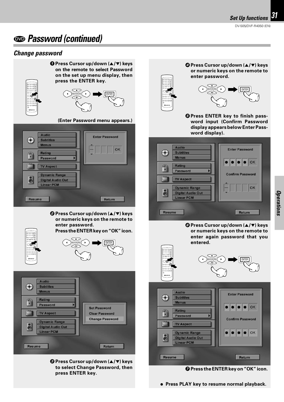 Password (continued), Change password, Operations | Set up functions | Kenwood DVF-R4050 User Manual | Page 31 / 44