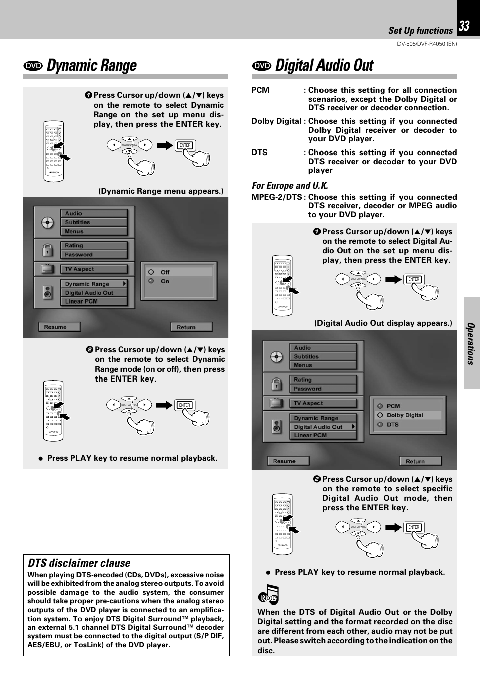Dynamic range, Digital audio out, Dts disclaimer clause | Operations, For europe and u.k, Set up functions | Kenwood DVF-R4050 User Manual | Page 33 / 44