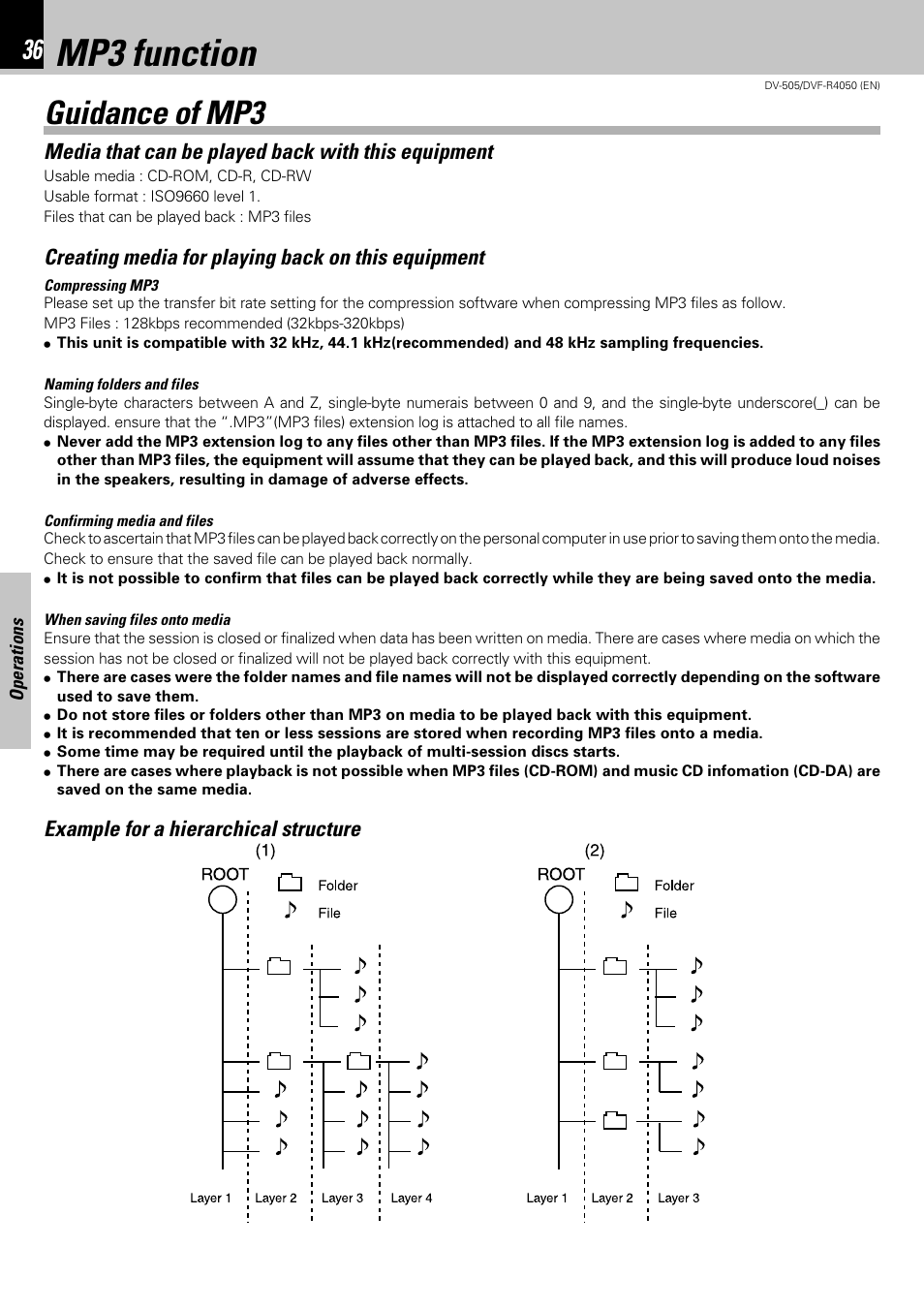 Mp3 function, Guidance of mp3, Media that can be played back with this equipment | Creating media for playing back on this equipment, Example for a hierarchical structure | Kenwood DVF-R4050 User Manual | Page 36 / 44