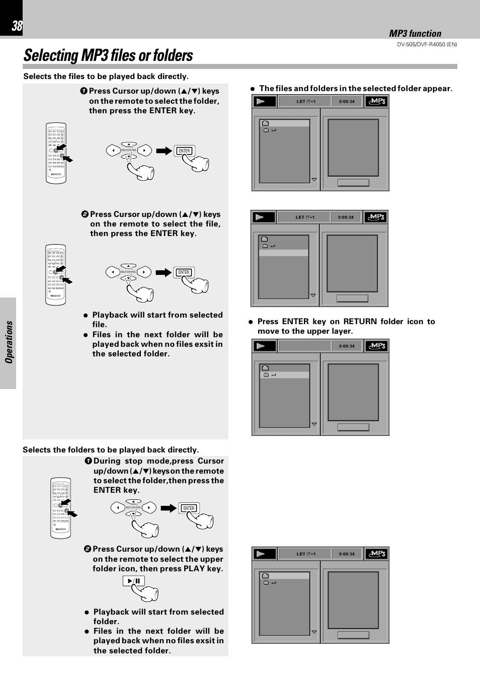 Selecting mp3 files or folders, Operations, Mp3 function | Kenwood DVF-R4050 User Manual | Page 38 / 44
