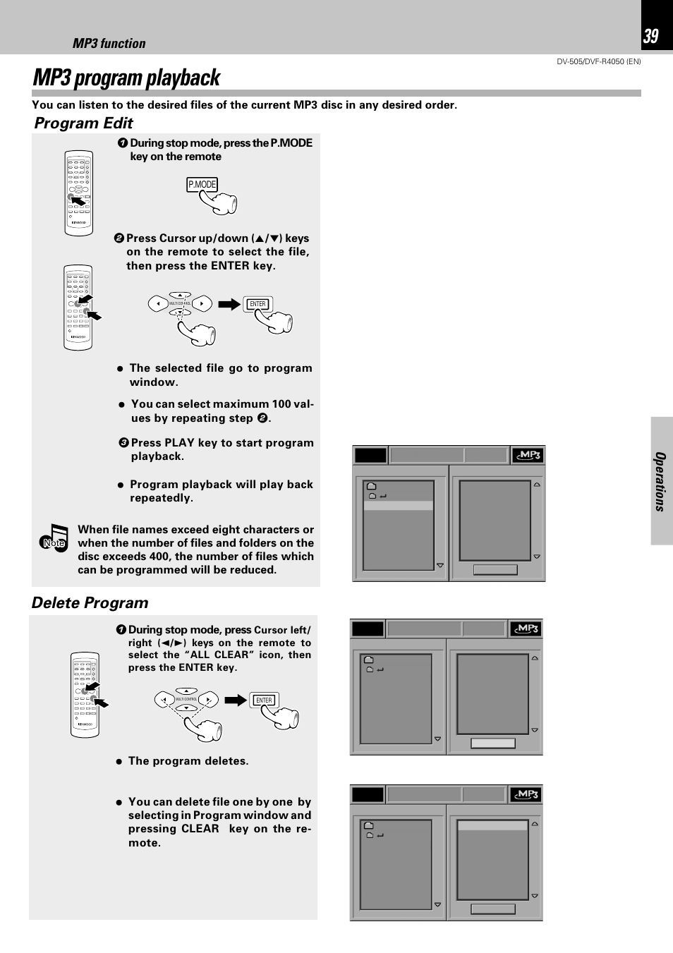 Mp3 program playback, Program edit, Delete program | Operations, Mp3 function, 1 during stop mode, press | Kenwood DVF-R4050 User Manual | Page 39 / 44