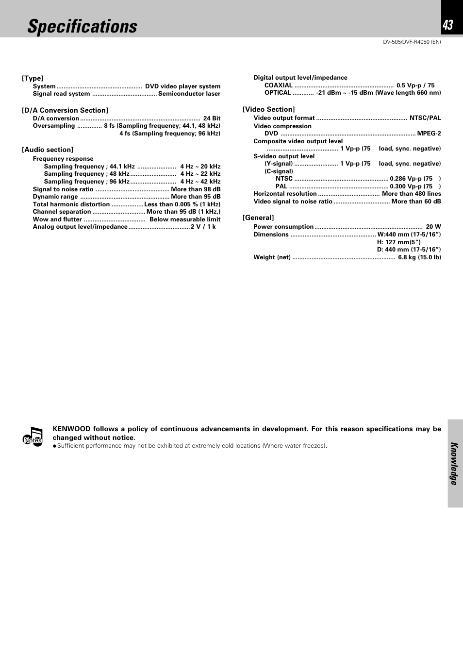 Specifications, Knowledge | Kenwood DVF-R4050 User Manual | Page 43 / 44