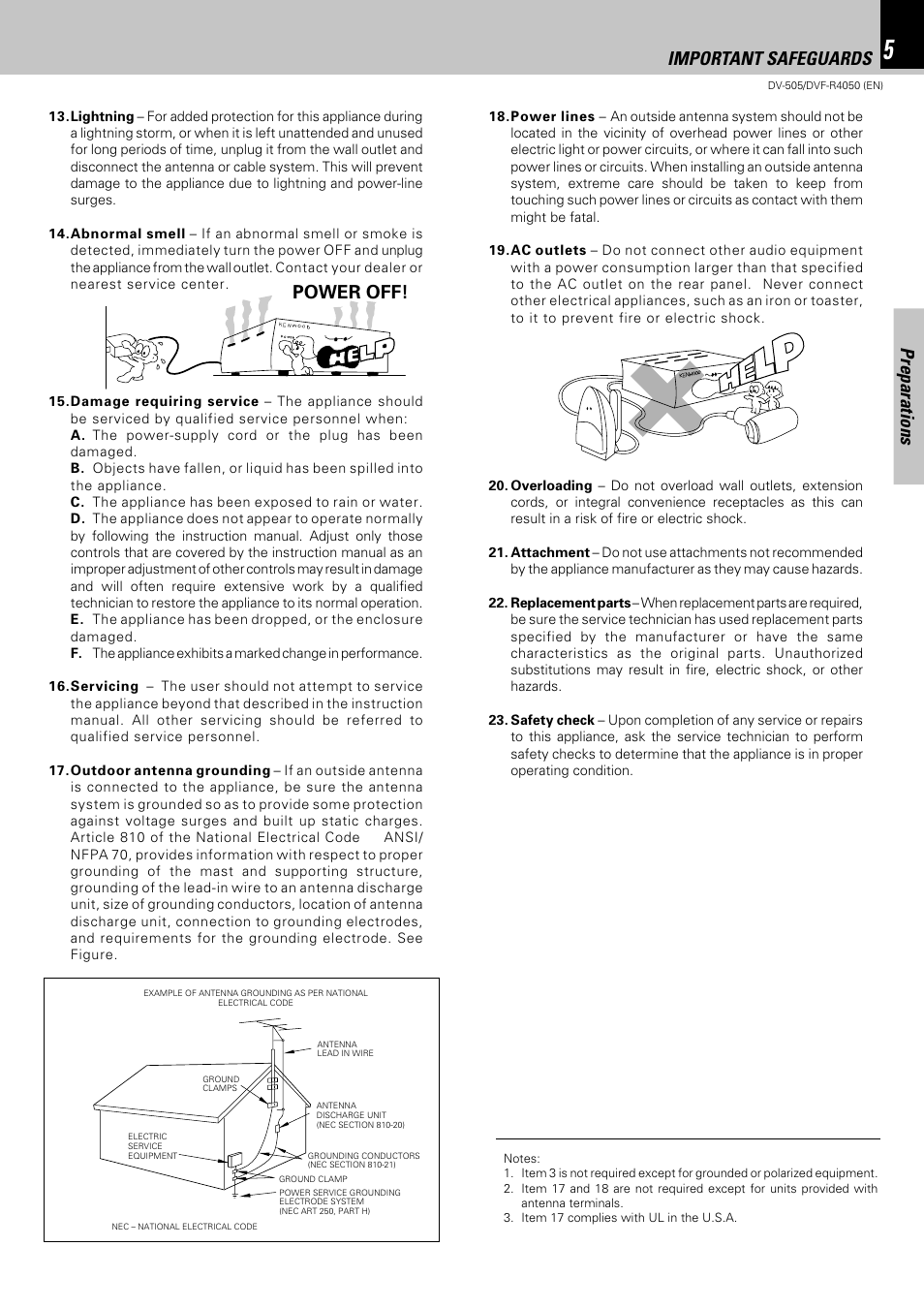 Preparations, Power off! important safeguards | Kenwood DVF-R4050 User Manual | Page 5 / 44