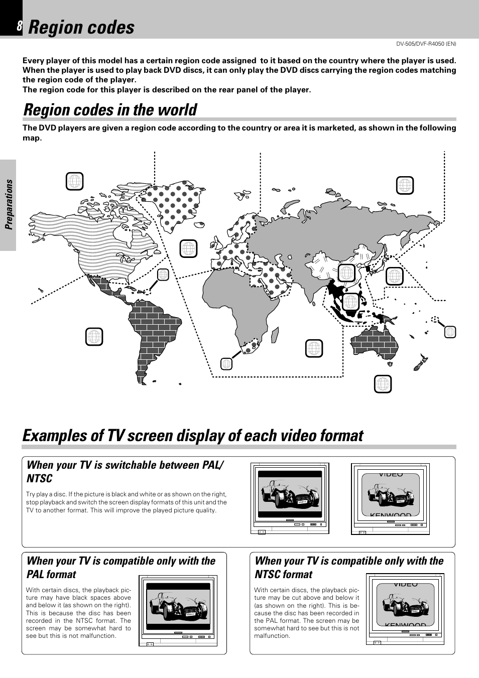Region codes, Region codes in the world, Examples of tv screen display of each video format | Kenwood DVF-R4050 User Manual | Page 8 / 44