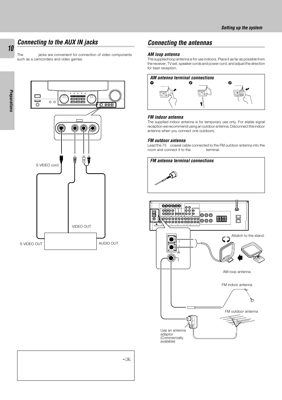 Connecting the antennas, Connecting to the aux in jacks | Kenwood KRF-V8030D User Manual | Page 10 / 42