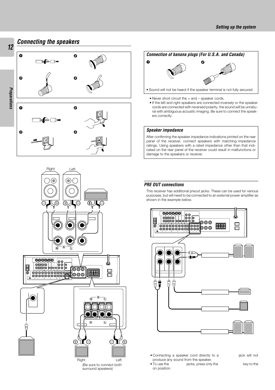 Connecting the speakers, Setting up the system, Connection of banana plugs (for u.s.a. and canada) | Pre out connections, Speaker impedance, Preparations | Kenwood KRF-V8030D User Manual | Page 12 / 42