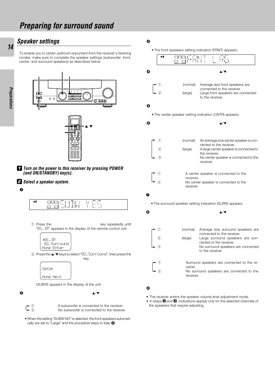 Preparing for surround sound, Speaker settings, Preparations | Kenwood KRF-V8030D User Manual | Page 14 / 42