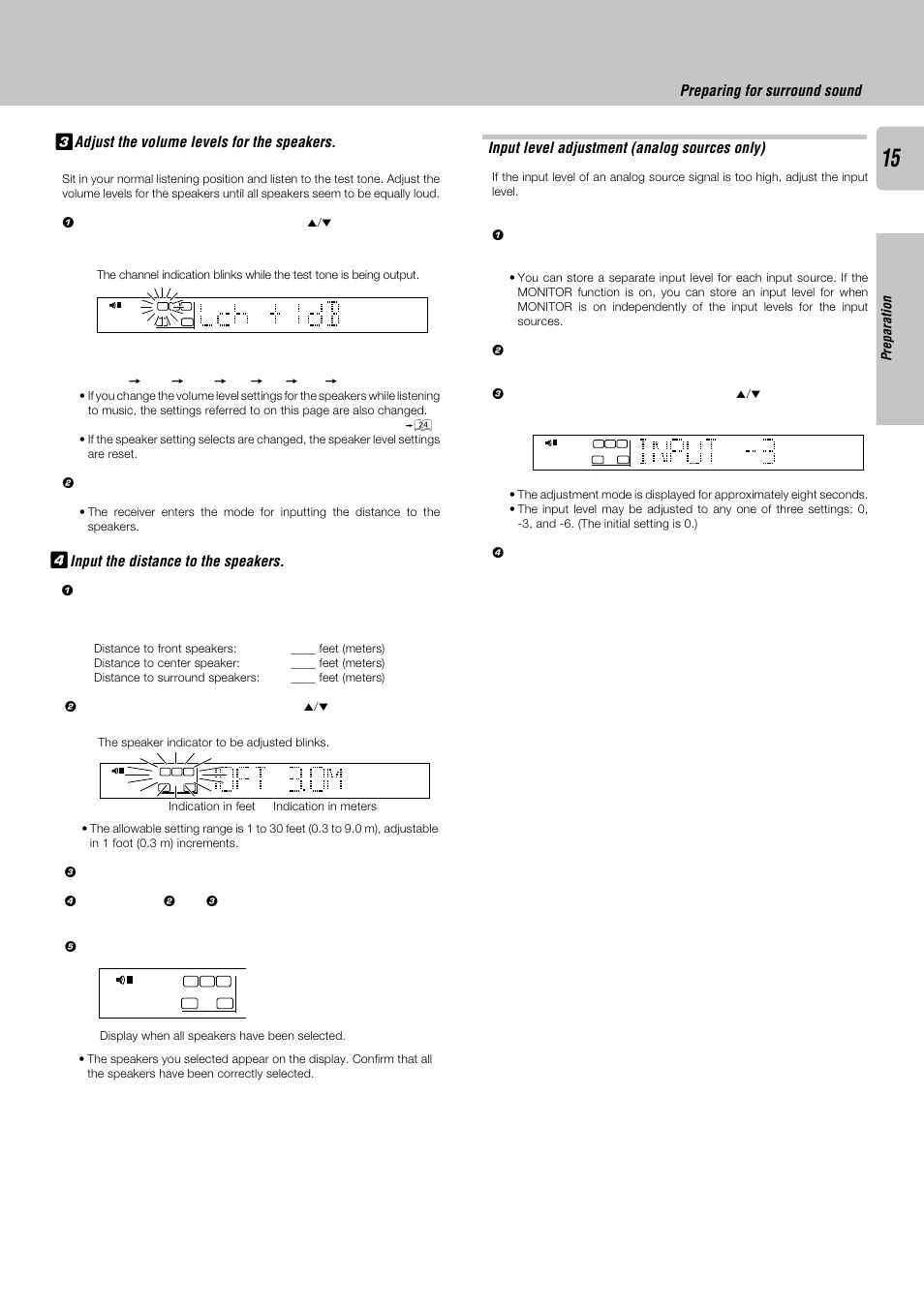 Input the distance to the speakers, Adjust the volume levels for the speakers, Preparation | Kenwood KRF-V8030D User Manual | Page 15 / 42