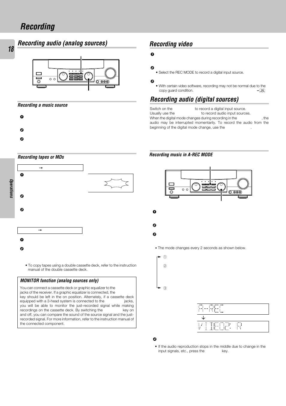 Recording, Recording audio (analog sources), Recording audio (digital sources) | Recording video, Recording a music source, Recording tapes or mds, Monitor function (analog sources only), Recording music in a-rec mode | Kenwood KRF-V8030D User Manual | Page 18 / 42