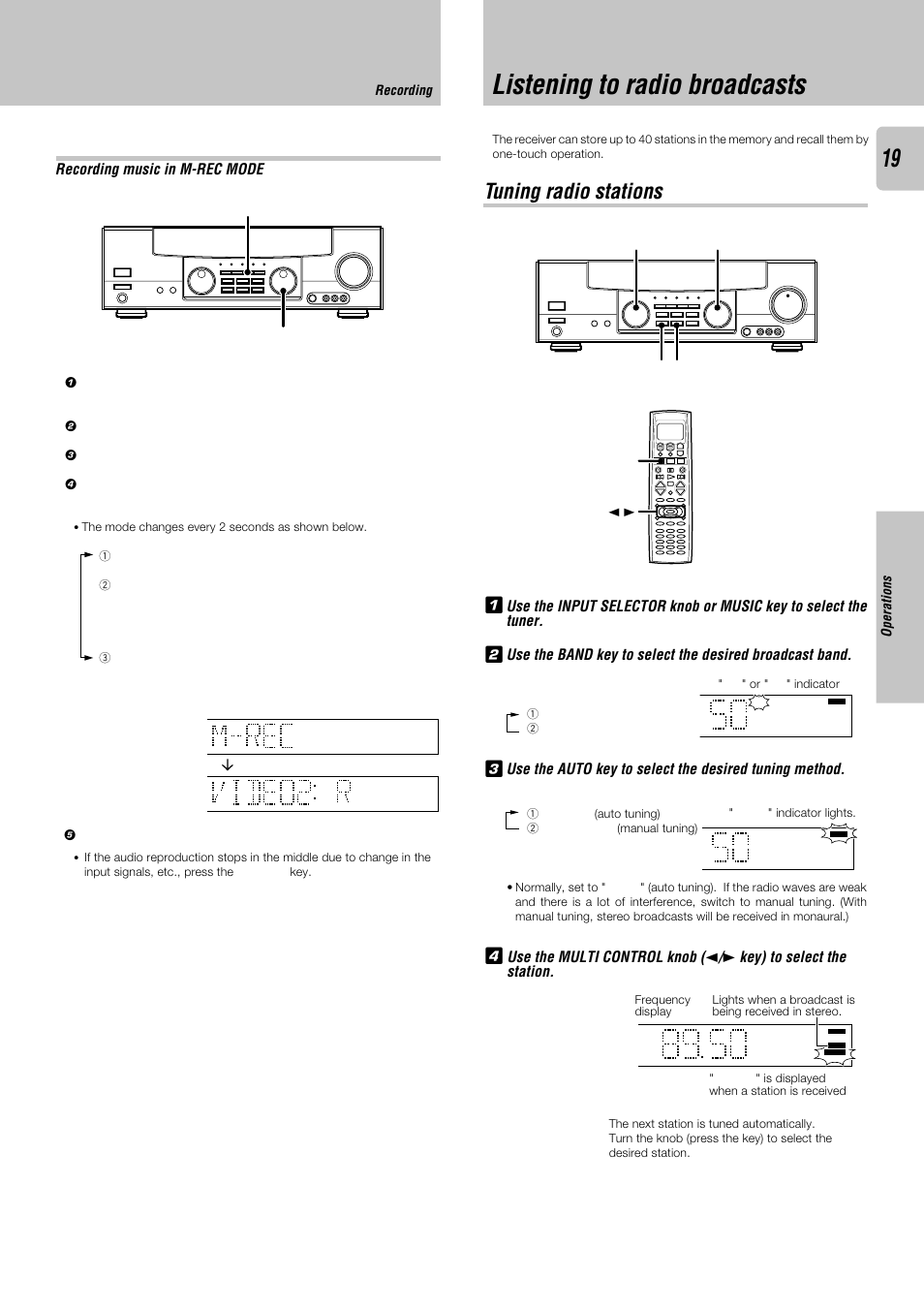 Listening to radio broadcasts, Tuning radio stations, Recording music in m-rec mode | Operations, Recording, Input selector dimmer | Kenwood KRF-V8030D User Manual | Page 19 / 42