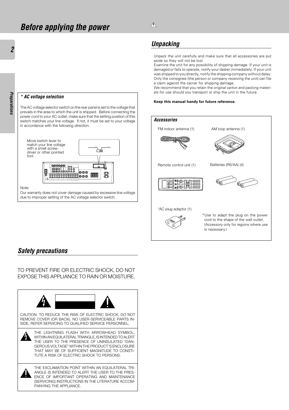 Before applying the power, Safety precautions unpacking, Warning | Kenwood KRF-V8030D User Manual | Page 2 / 42