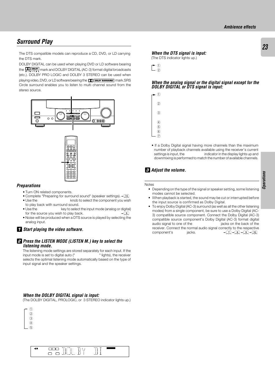 Surround play, Ambience effects when the dts signal is input, Preparations | When the dolby digital signal is input | Kenwood KRF-V8030D User Manual | Page 23 / 42