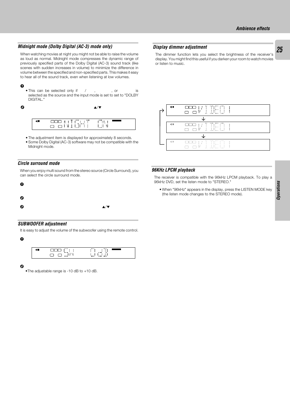Display dimmer adjustment, Subwoofer adjustment, Circle surround mode | 96khz lpcm playback, Operations | Kenwood KRF-V8030D User Manual | Page 25 / 42