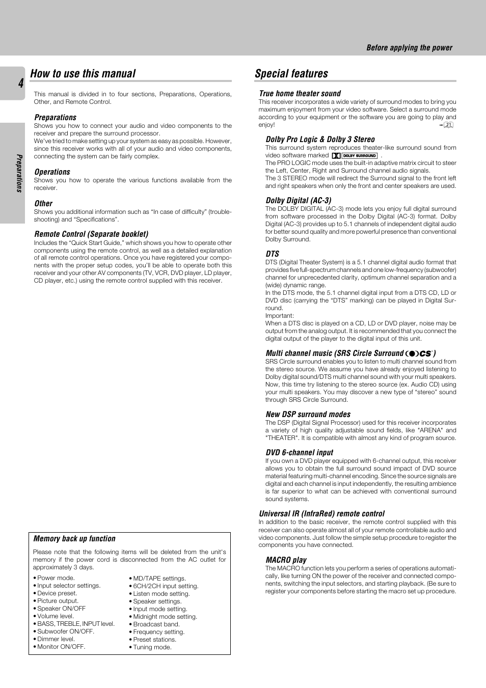 Special features, How to use this manual | Kenwood KRF-V8030D User Manual | Page 4 / 42