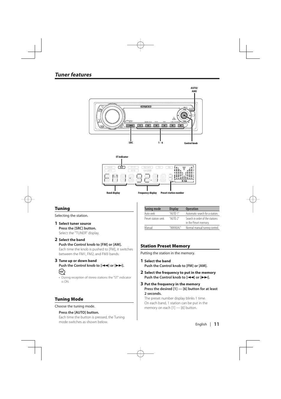 Tuner features, Tuning, Tuning mode | Kenwood KDC-MP5029VG User Manual | Page 11 / 32