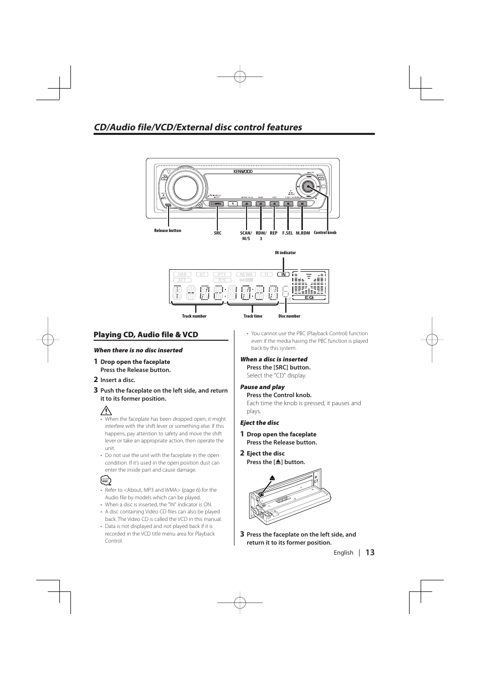 Cd/audio file/vcd/external disc control features, Playing cd, audio file & vcd | Kenwood KDC-MP5029VG User Manual | Page 13 / 32