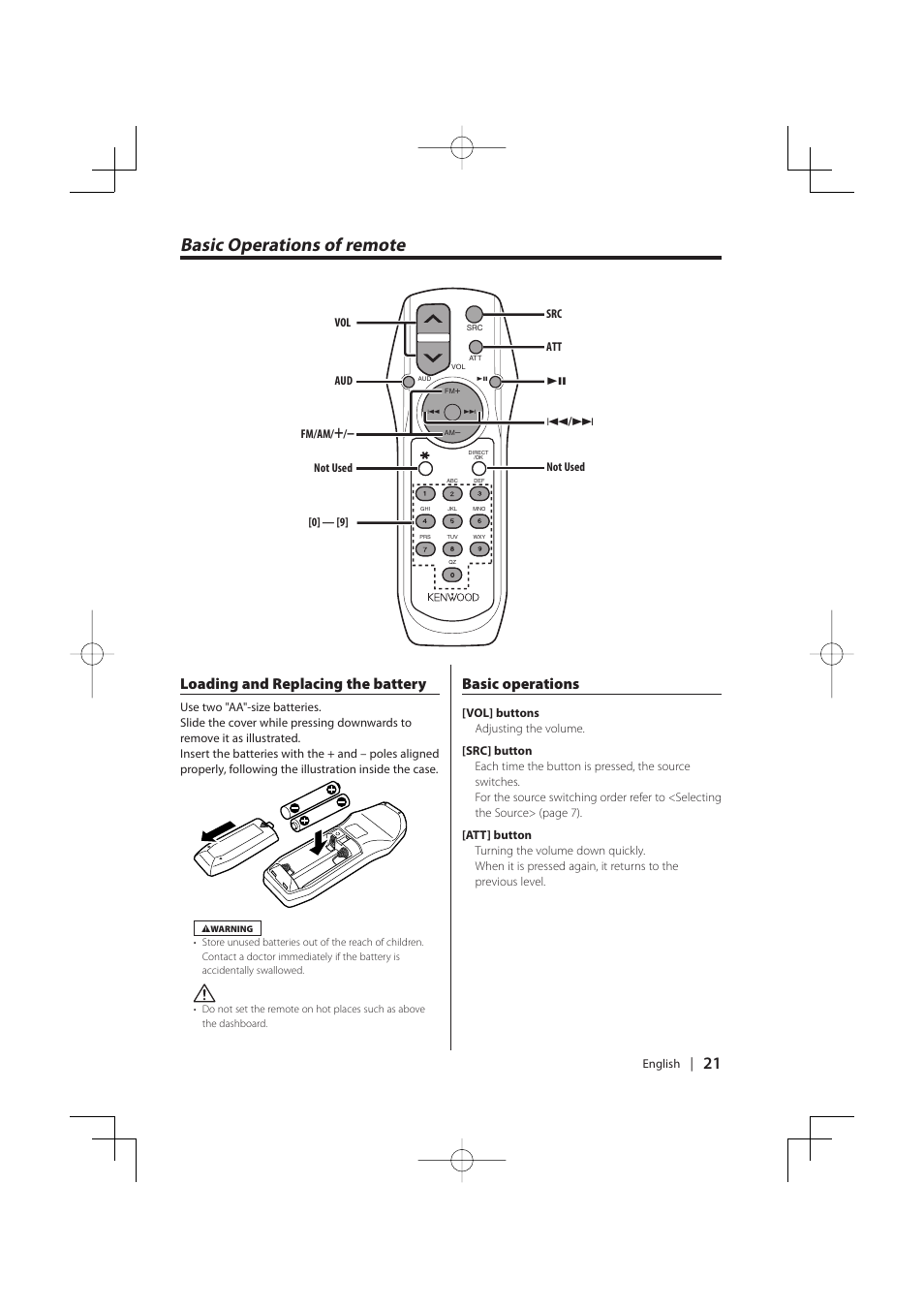 Basic operations of remote, Loading and replacing the battery, Basic operations | Kenwood KDC-MP5029VG User Manual | Page 21 / 32