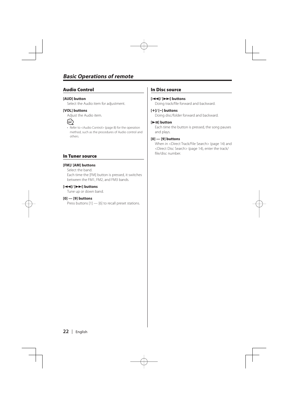 Basic operations of remote | Kenwood KDC-MP5029VG User Manual | Page 22 / 32