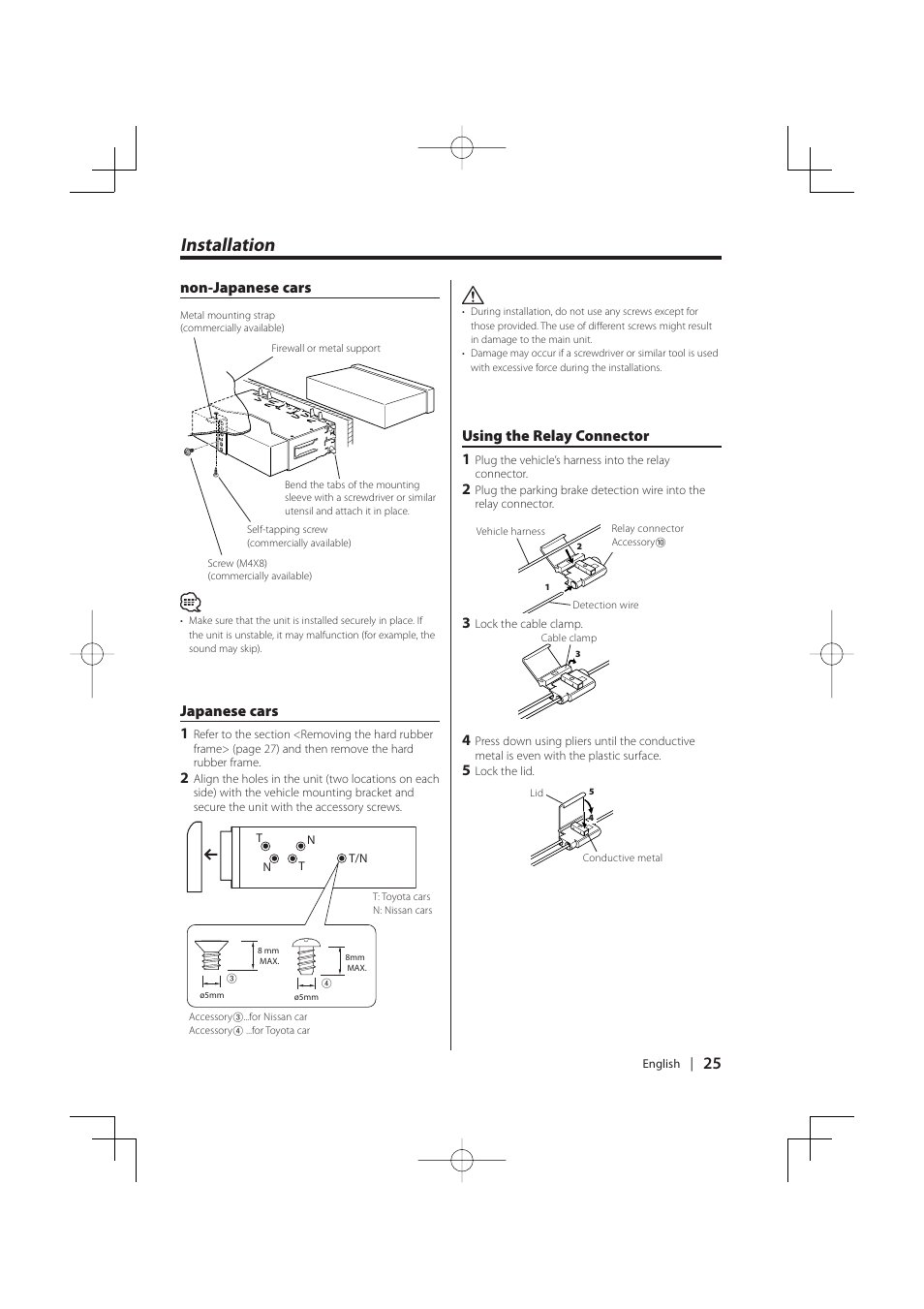 Installation, Non-japanese cars japanese cars 1, Using the relay connector 1 | Kenwood KDC-MP5029VG User Manual | Page 25 / 32