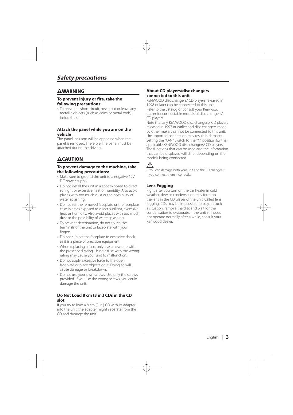 Safety precautions | Kenwood KDC-MP5029VG User Manual | Page 3 / 32