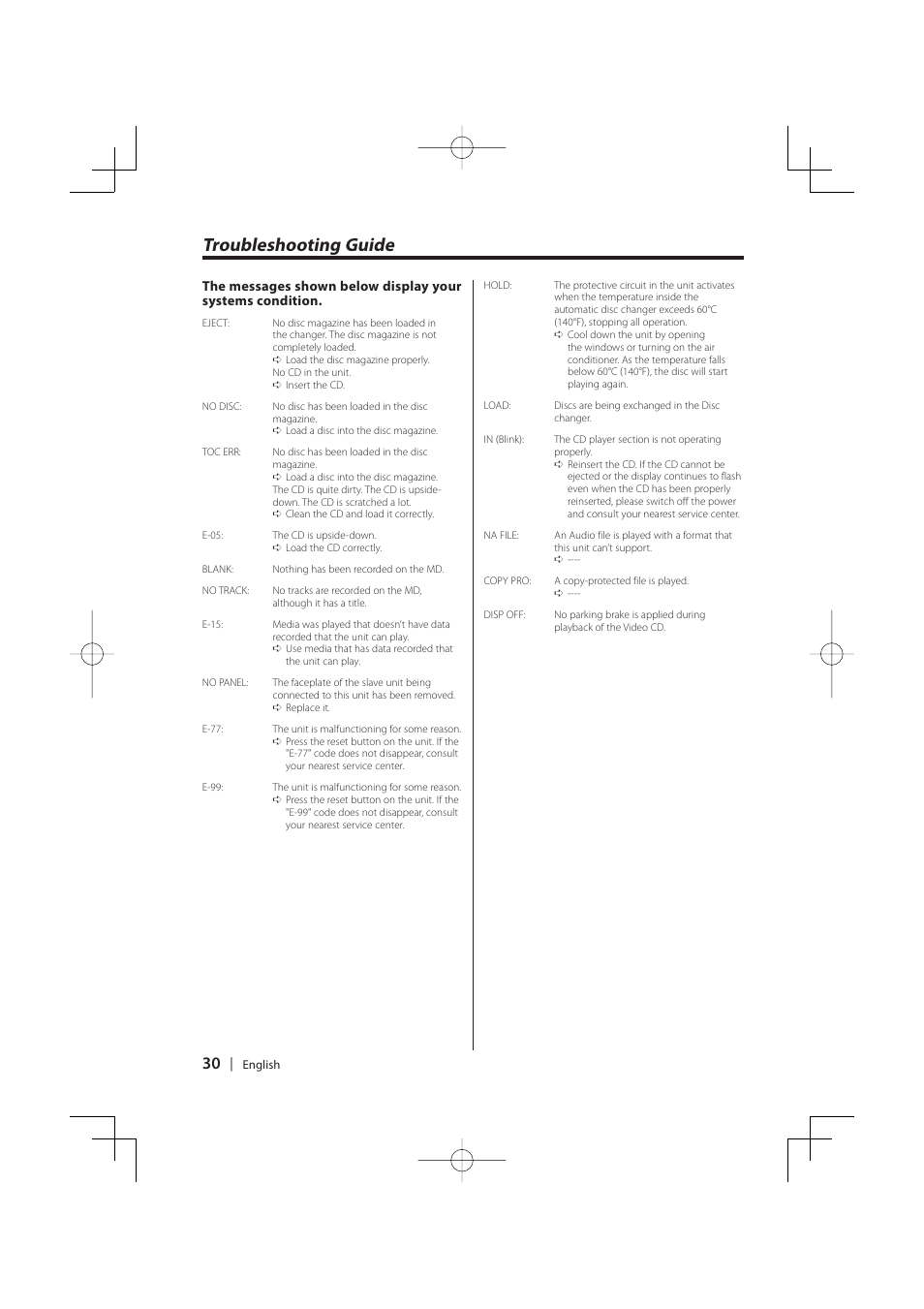 Troubleshooting guide | Kenwood KDC-MP5029VG User Manual | Page 30 / 32