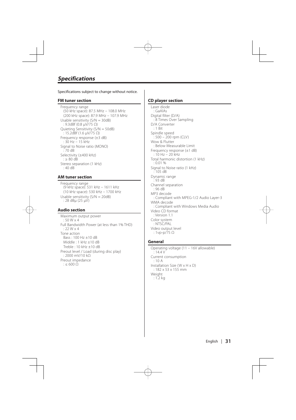 Specifications | Kenwood KDC-MP5029VG User Manual | Page 31 / 32