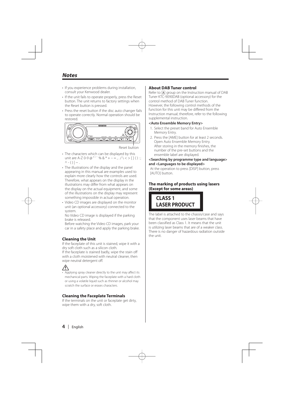 Class 1 laser product | Kenwood KDC-MP5029VG User Manual | Page 4 / 32