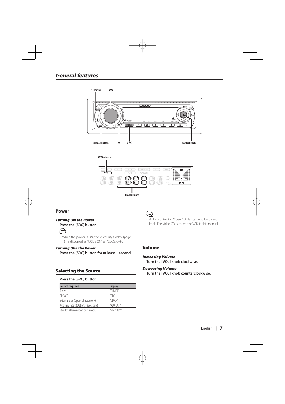 General features, Power, Selecting the source | Volume | Kenwood KDC-MP5029VG User Manual | Page 7 / 32