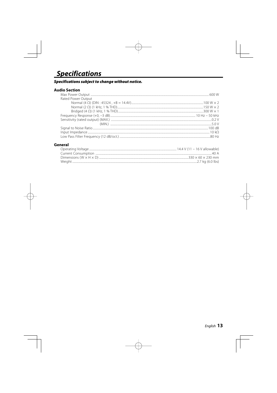 Specifications | Kenwood KAC-6203 User Manual | Page 13 / 13