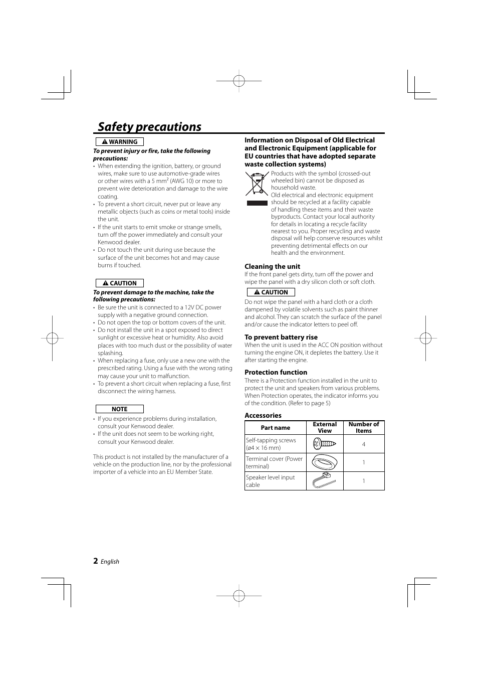 Safety precautions | Kenwood KAC-6203 User Manual | Page 2 / 13