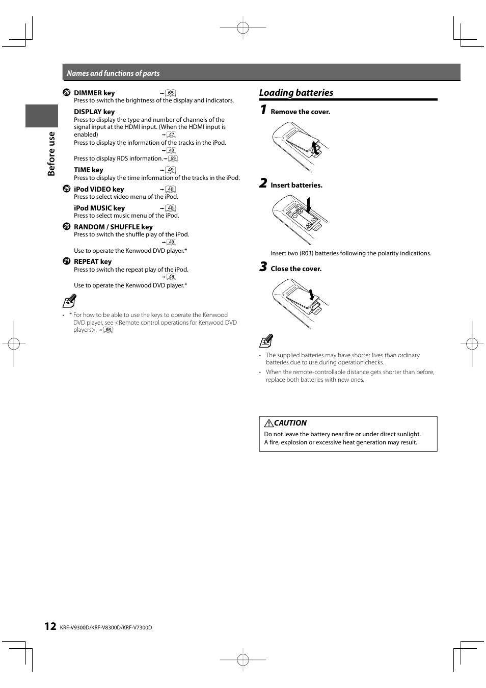 Bef o re u se, Loading batteries | Kenwood KRF-V9300D User Manual | Page 12 / 72