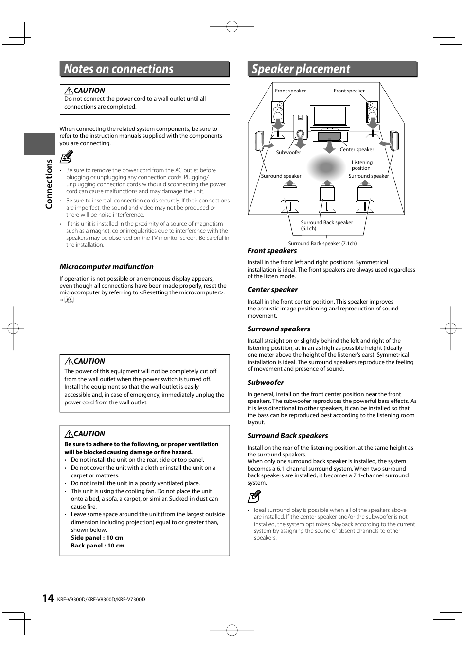 Speaker placement | Kenwood KRF-V9300D User Manual | Page 14 / 72