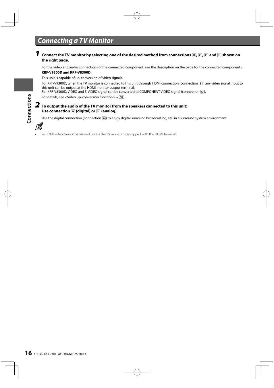 Connecting a tv monitor | Kenwood KRF-V9300D User Manual | Page 16 / 72