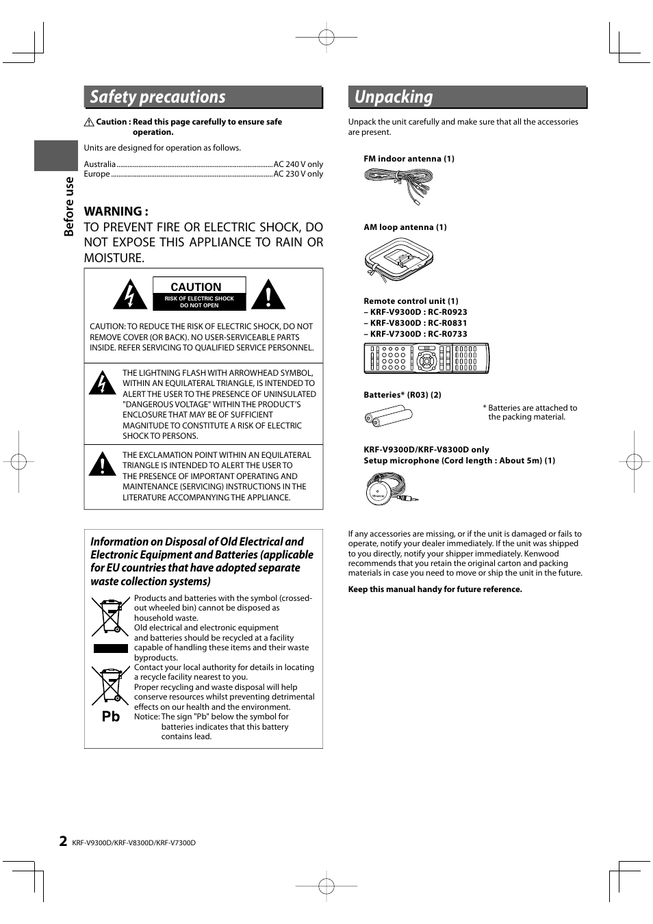 Safety precautions, Unpacking, Bef o re u se | Kenwood KRF-V9300D User Manual | Page 2 / 72