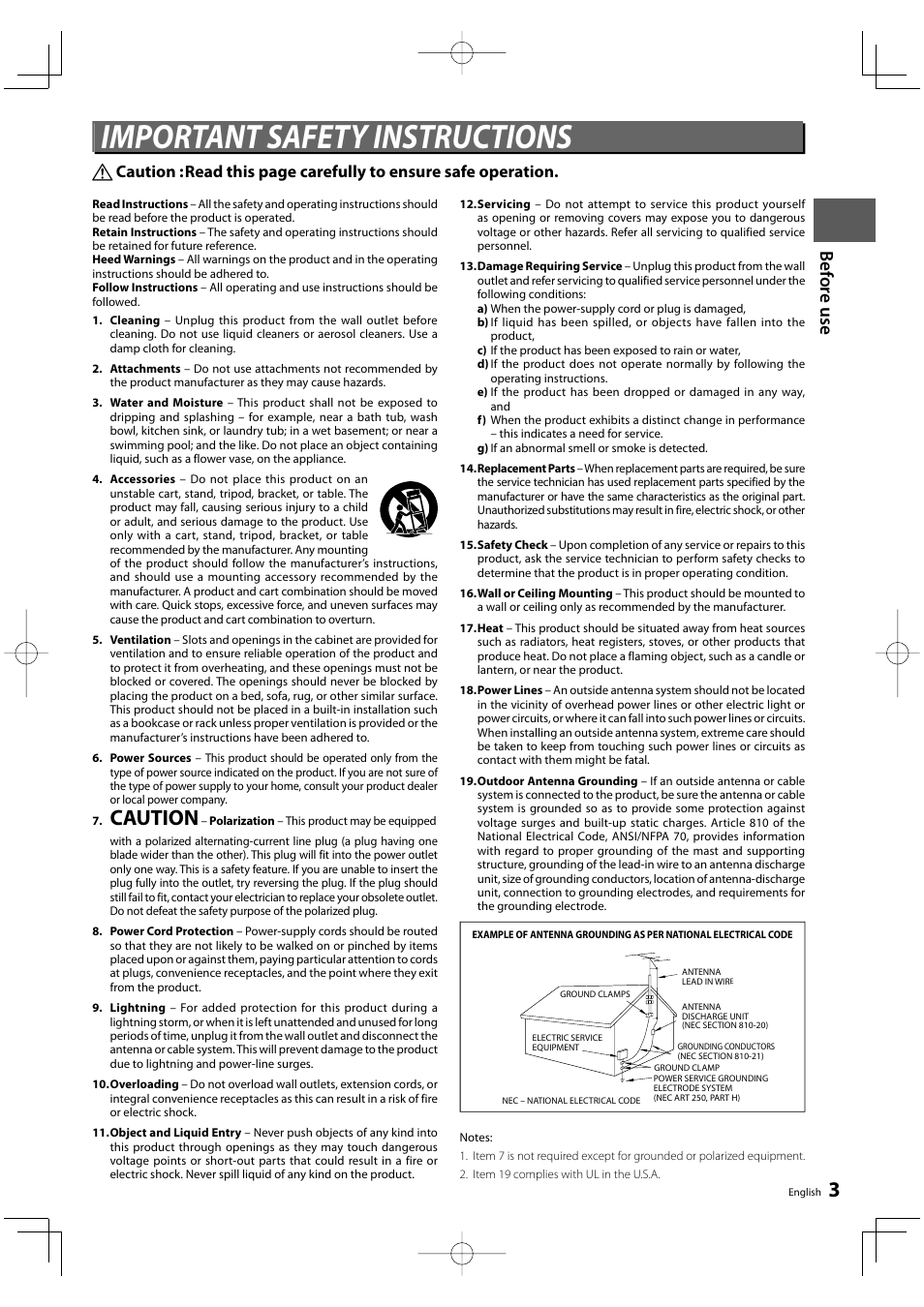 Important safety instructions, Caution, Bef o re u se | Kenwood KRF-V9300D User Manual | Page 3 / 72