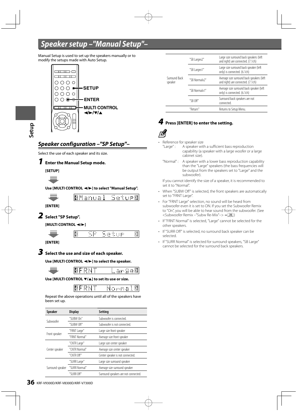 Speaker setup –"manual setup, Set u p, Speaker configuration –"sp setup | Kenwood KRF-V9300D User Manual | Page 36 / 72