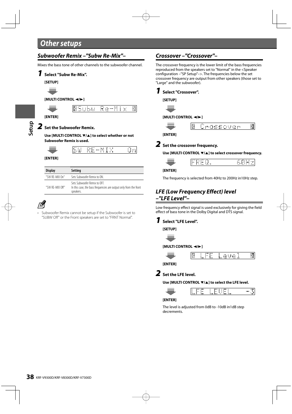 Other setups, Crossover –"crossover | Kenwood KRF-V9300D User Manual | Page 38 / 72