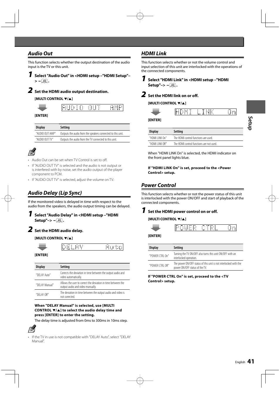 Set u p audio out audio out, Audio delay (lip sync), Hdmi link | Power control | Kenwood KRF-V9300D User Manual | Page 41 / 72