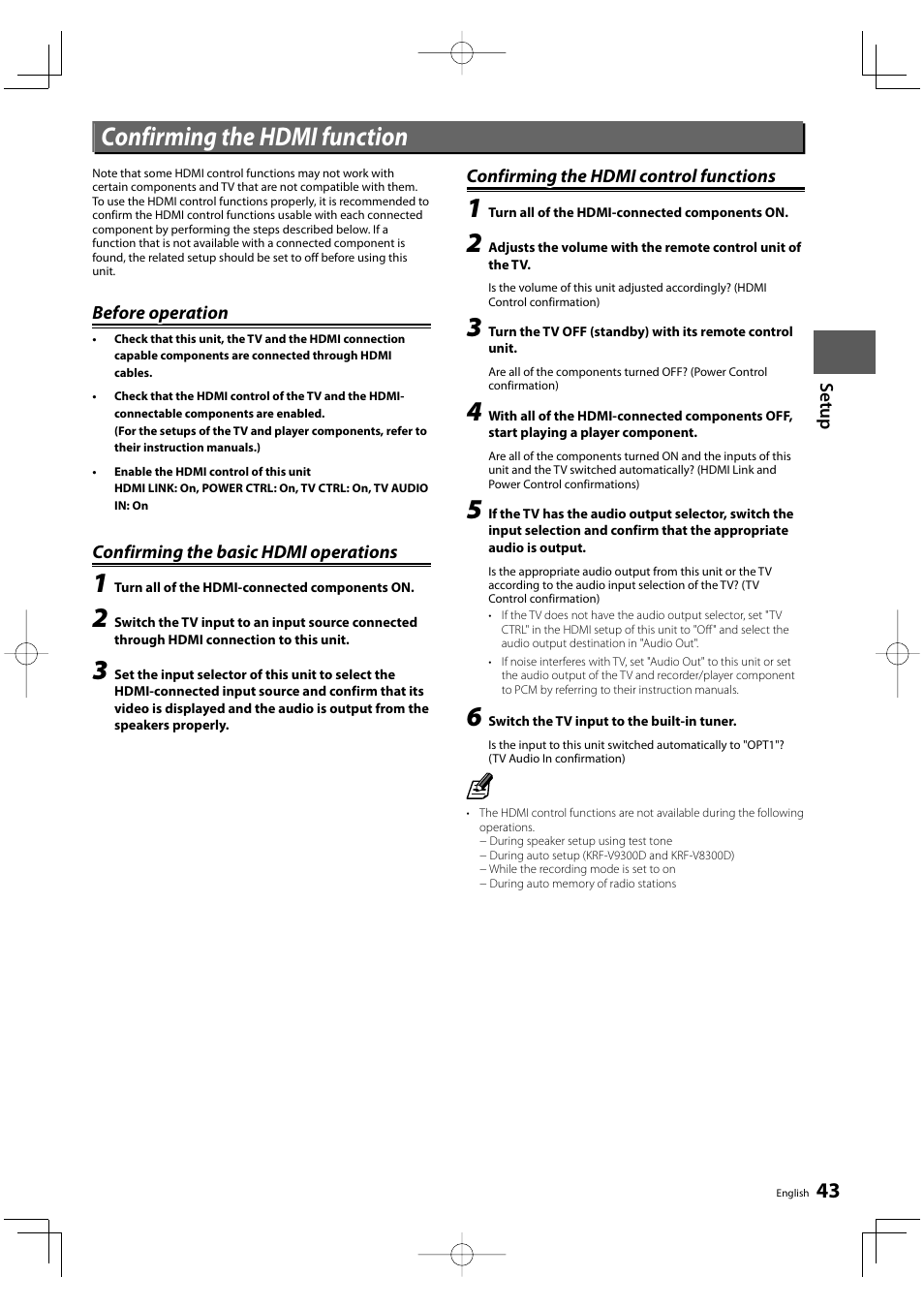 Confirming the hdmi function | Kenwood KRF-V9300D User Manual | Page 43 / 72