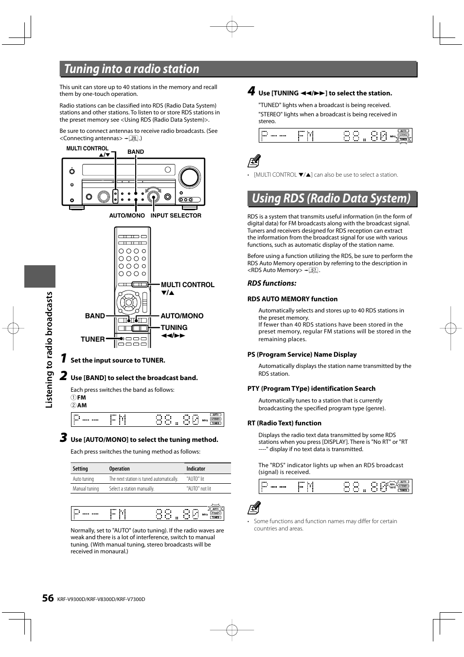 Using rds (radio data system), Tuning into a radio station, List e n ing t o radio broadcast s | Kenwood KRF-V9300D User Manual | Page 56 / 72