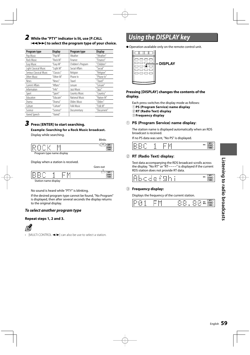 Using the display key, List e n ing t o radio broadcast s | Kenwood KRF-V9300D User Manual | Page 59 / 72