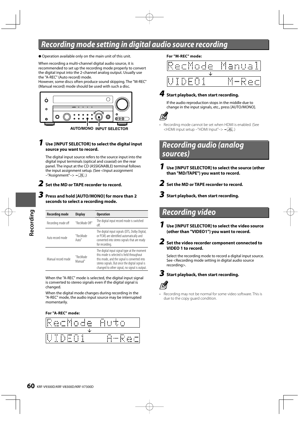 Recording audio (analog sources), Recording video | Kenwood KRF-V9300D User Manual | Page 60 / 72