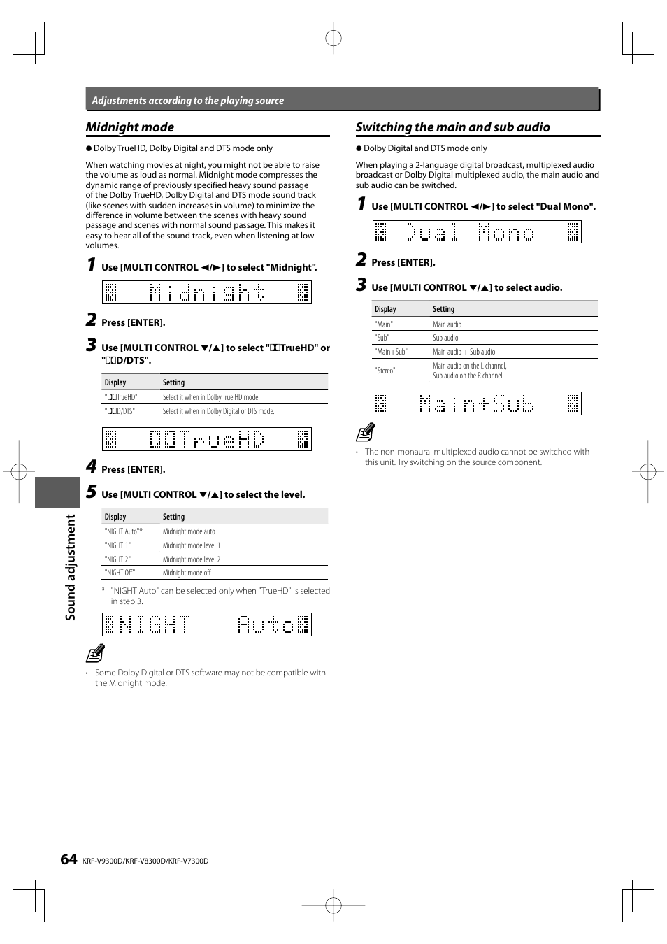 Sound ad justme n t midnight mode midnight mode, Switching the main and sub audio | Kenwood KRF-V9300D User Manual | Page 64 / 72