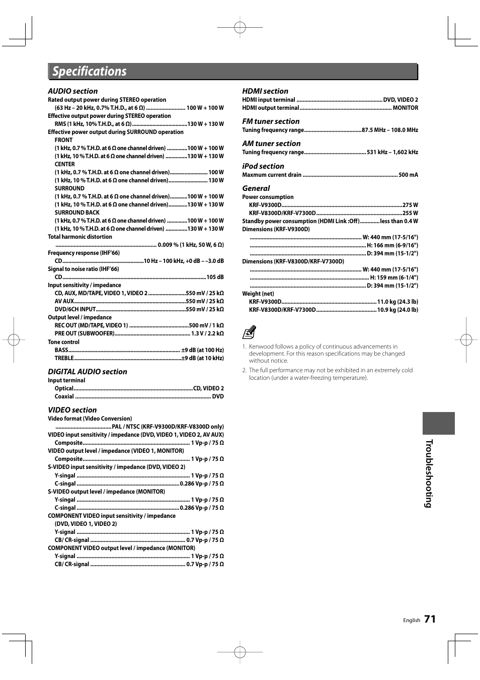 Specifications | Kenwood KRF-V9300D User Manual | Page 71 / 72