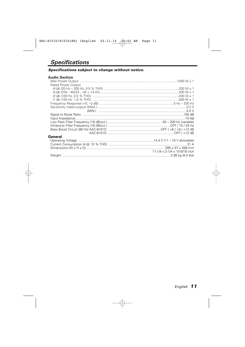 Specifications | Kenwood KAC-8101D User Manual | Page 11 / 32