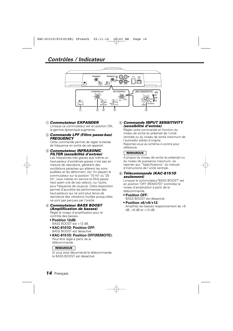 Controles / indicateur, Contrôles / indicateur | Kenwood KAC-8101D User Manual | Page 14 / 32